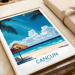 Cancun Wall Art Print featuring a vibrant beach scene with a straw hat and crystal-clear waters.