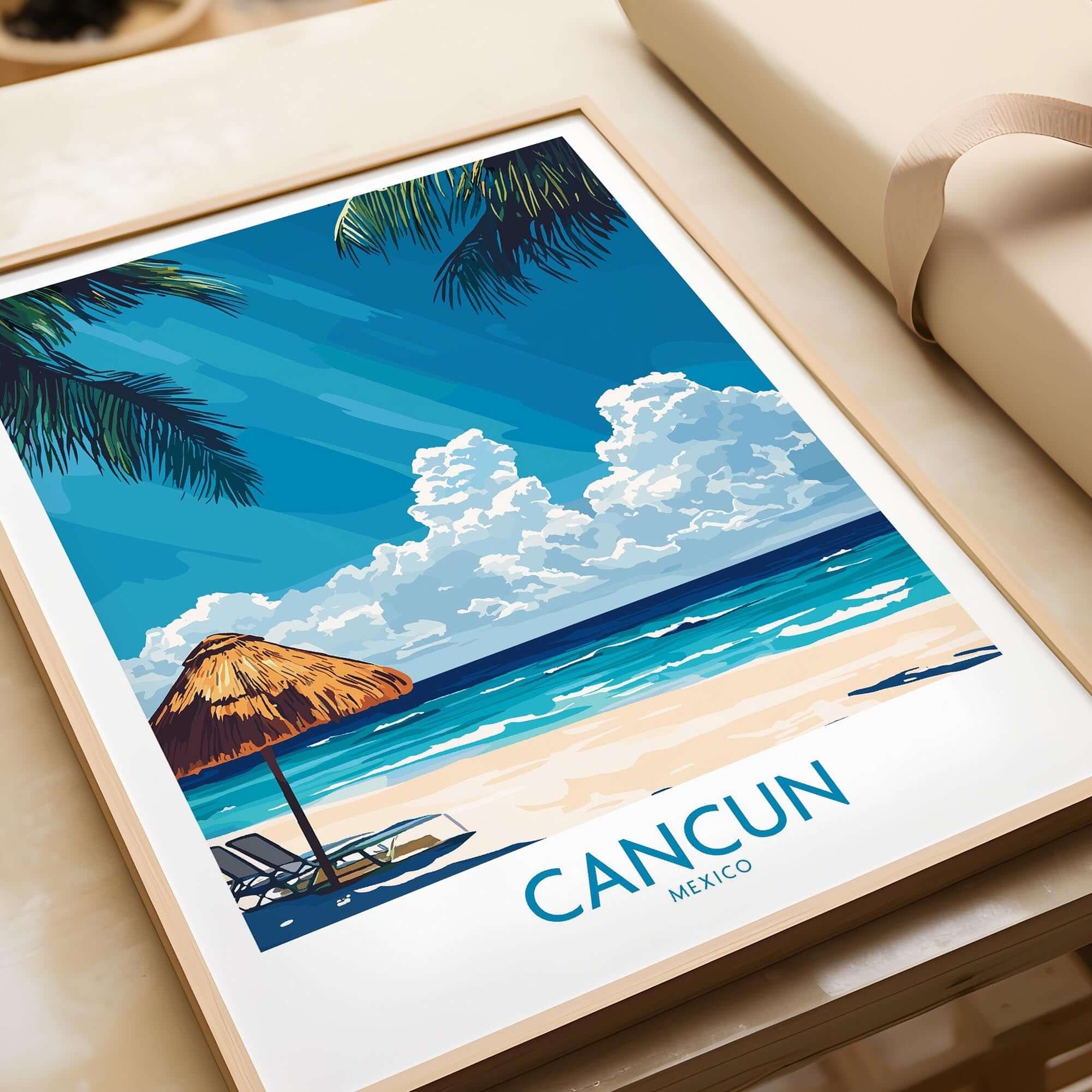 Cancun Wall Art Print featuring a vibrant beach scene with a straw hat and crystal-clear waters.