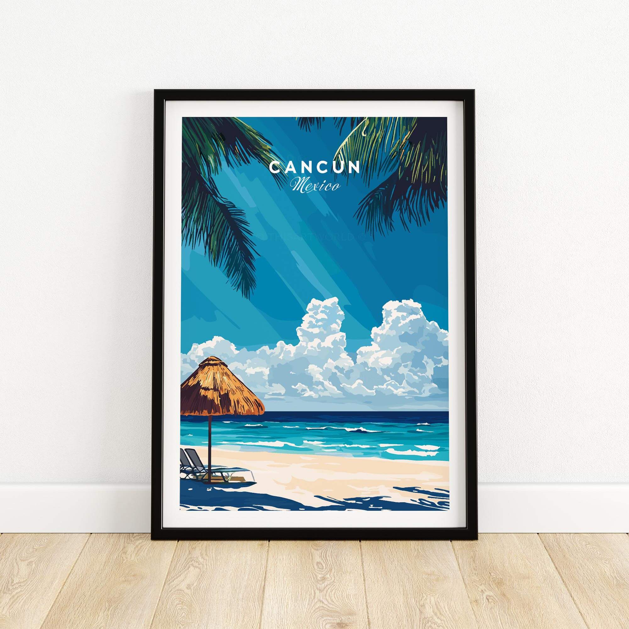 Cancun Wall Art showcasing a beach scene with palm trees, clouds, and blue ocean waves, perfect for travel lovers.