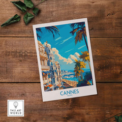 Cannes Art Print showcasing a vibrant cityscape of Cannes, France, with palm trees and a seaside view.