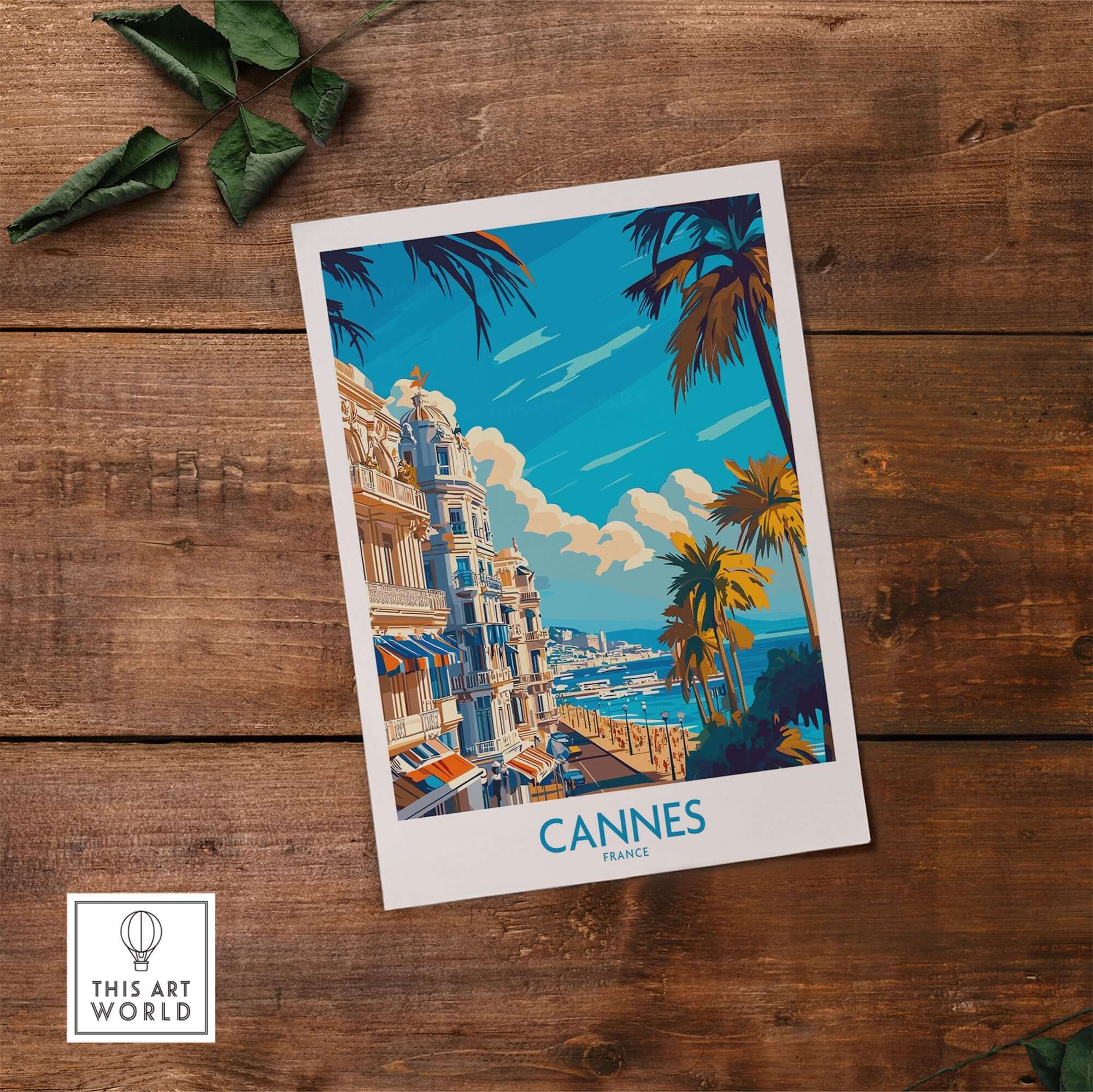 Cannes Art Print showcasing a vibrant cityscape of Cannes, France, with palm trees and a seaside view.