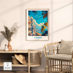 Cannes Art Print showcasing a beautiful cityscape with palm trees, bringing elegance to any home decor.