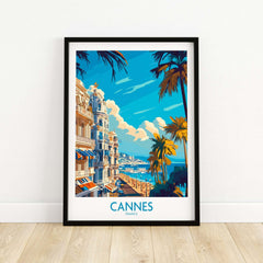 Cannes Art Print featuring a vibrant cityscape and palm trees, capturing the essence of Cannes, France.