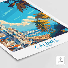 Cannes Art Print showcasing a vibrant cityscape of Cannes, France with palm trees and a bright blue sky.