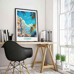 Cannes Art Print displayed in a stylish workspace, showcasing the beauty of Cannes, France.