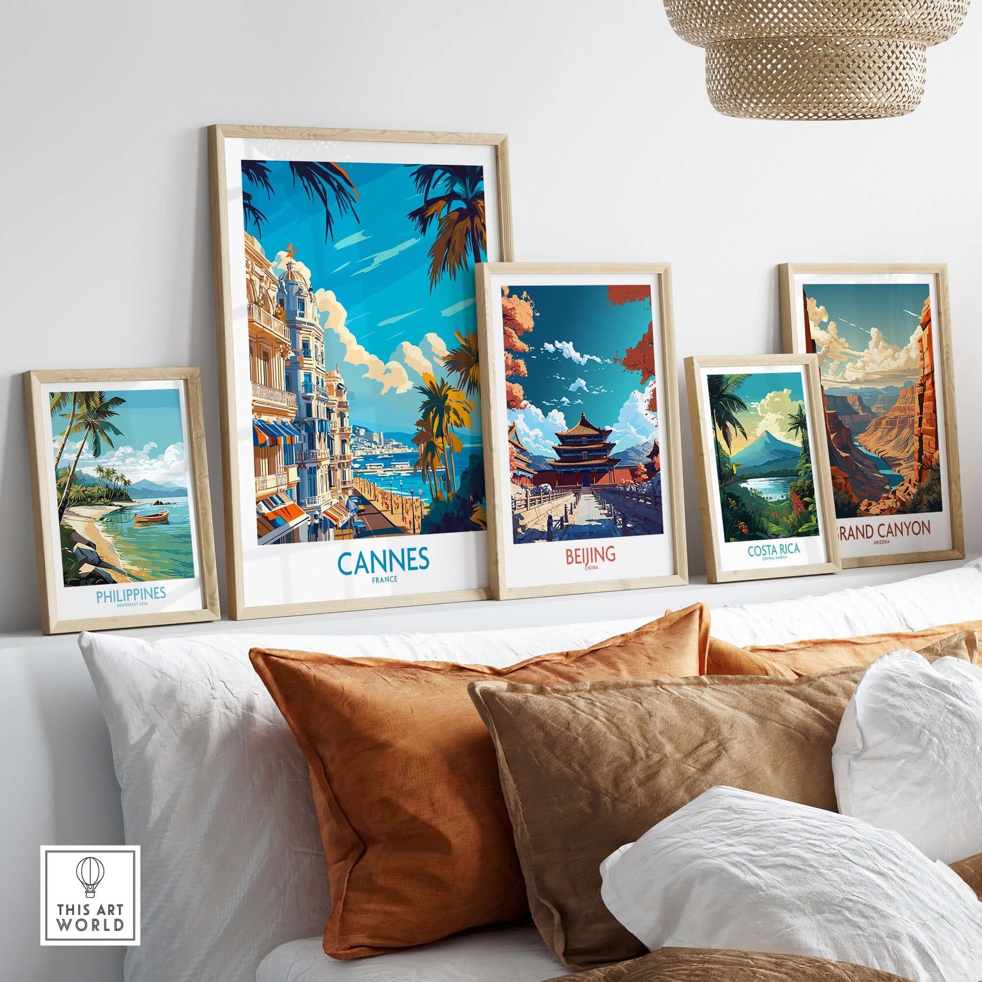 Cannes Art Print showcasing a vibrant cityscape among various travel art prints on a stylish shelf.
