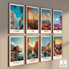 Cannes Art Print and other cityscape art prints displayed in stylish frames.