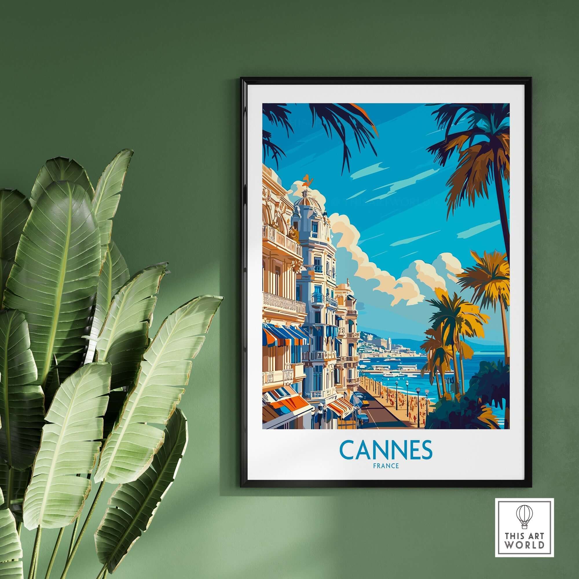 Cannes Art Print featuring a vibrant cityscape of Cannes, France framed on a green wall.