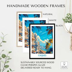 Cannes Art Print in handmade wooden frames, showcasing natural, white, and black options, ready to hang.