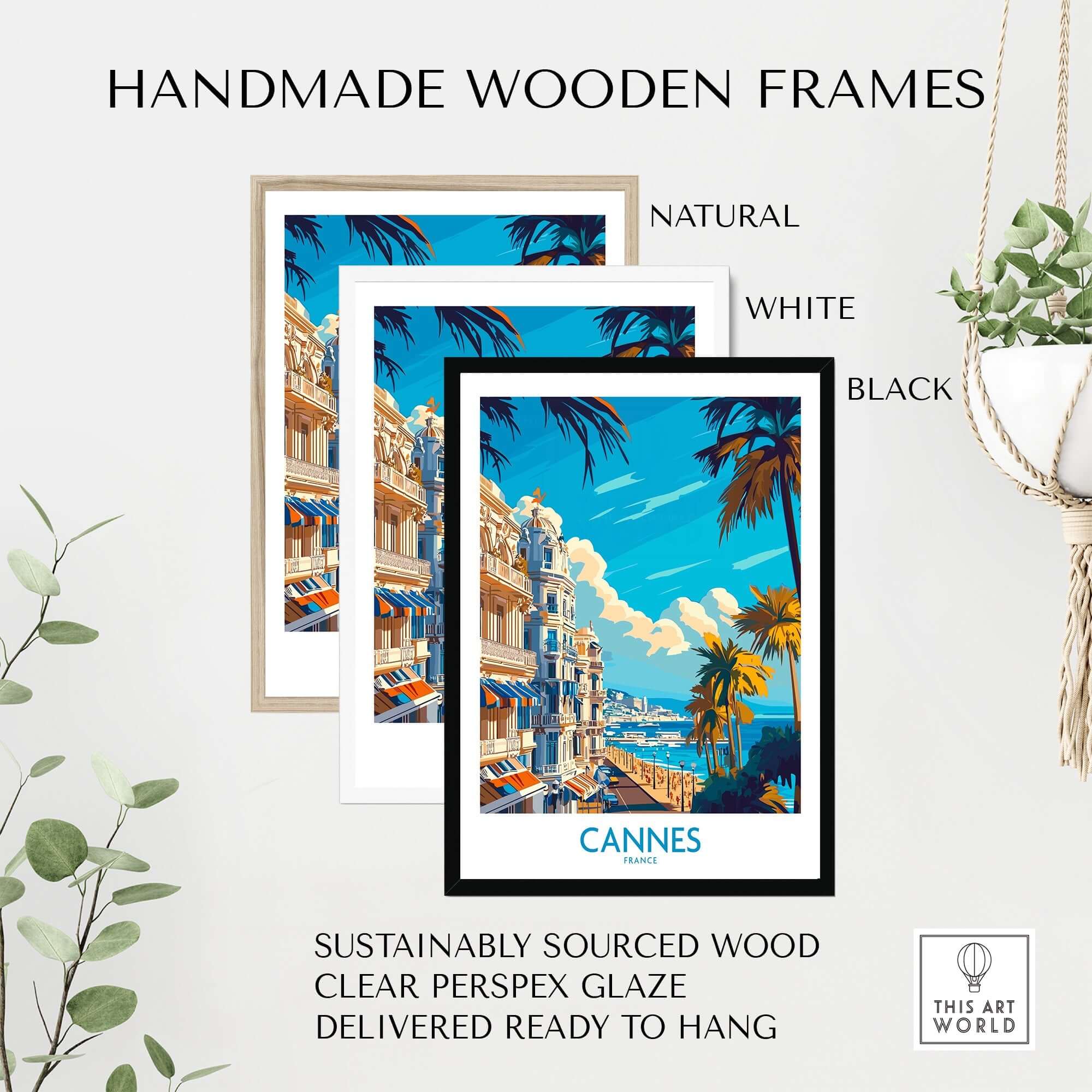 Cannes Art Print in handmade wooden frames, showcasing natural, white, and black options, ready to hang.
