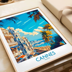 Cannes Art Print showcasing the iconic cityscape of Cannes, France with vibrant colors and palm trees.