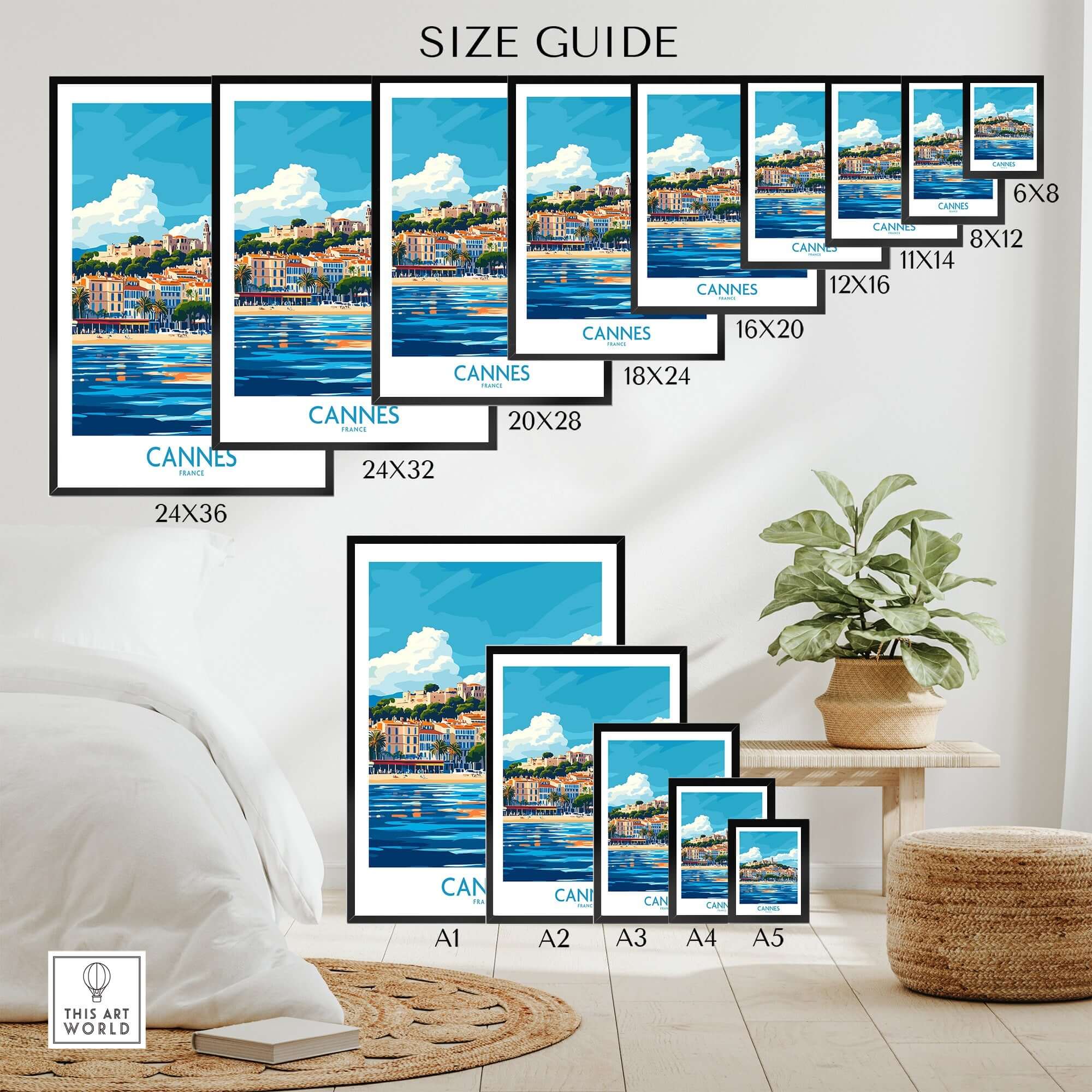 Size guide for Cannes Poster showcasing various sizes and vibrant design options for elegant home decor.