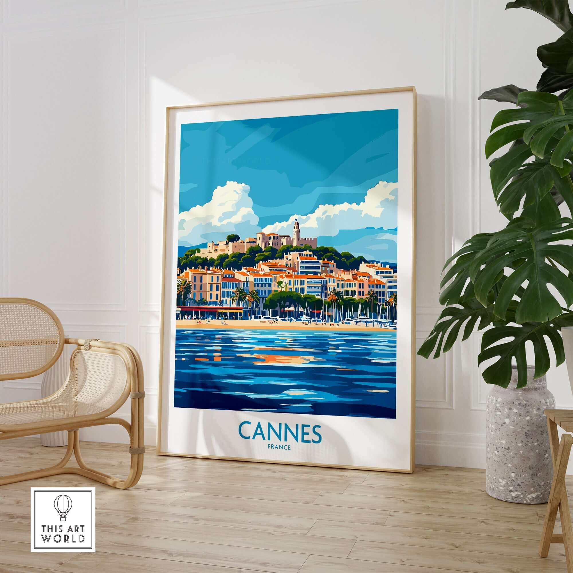 Cannes Poster featuring vibrant colors and elegant design of scenic Cannes, France, perfect for home decor.