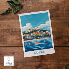 Cannes Poster featuring a vibrant coastal scene of Cannes, France, with brilliant colors and artistic design.