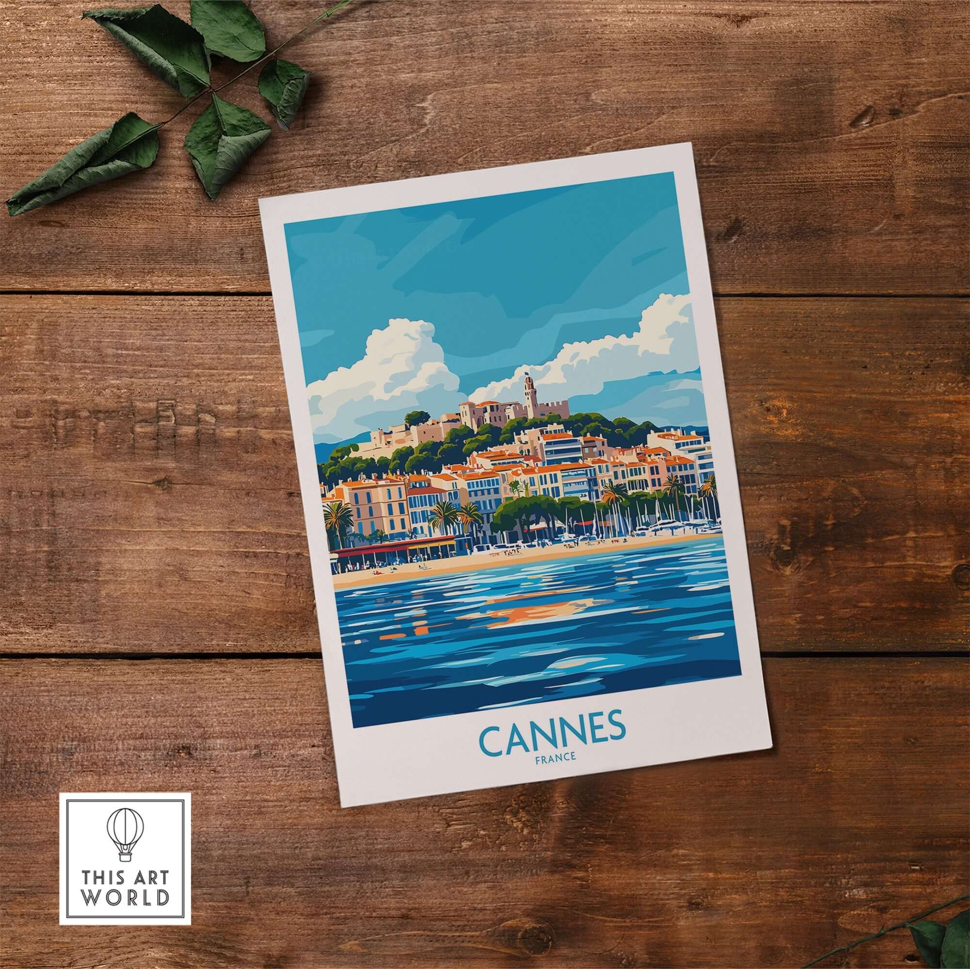 Cannes Poster featuring a vibrant coastal scene of Cannes, France, with brilliant colors and artistic design.