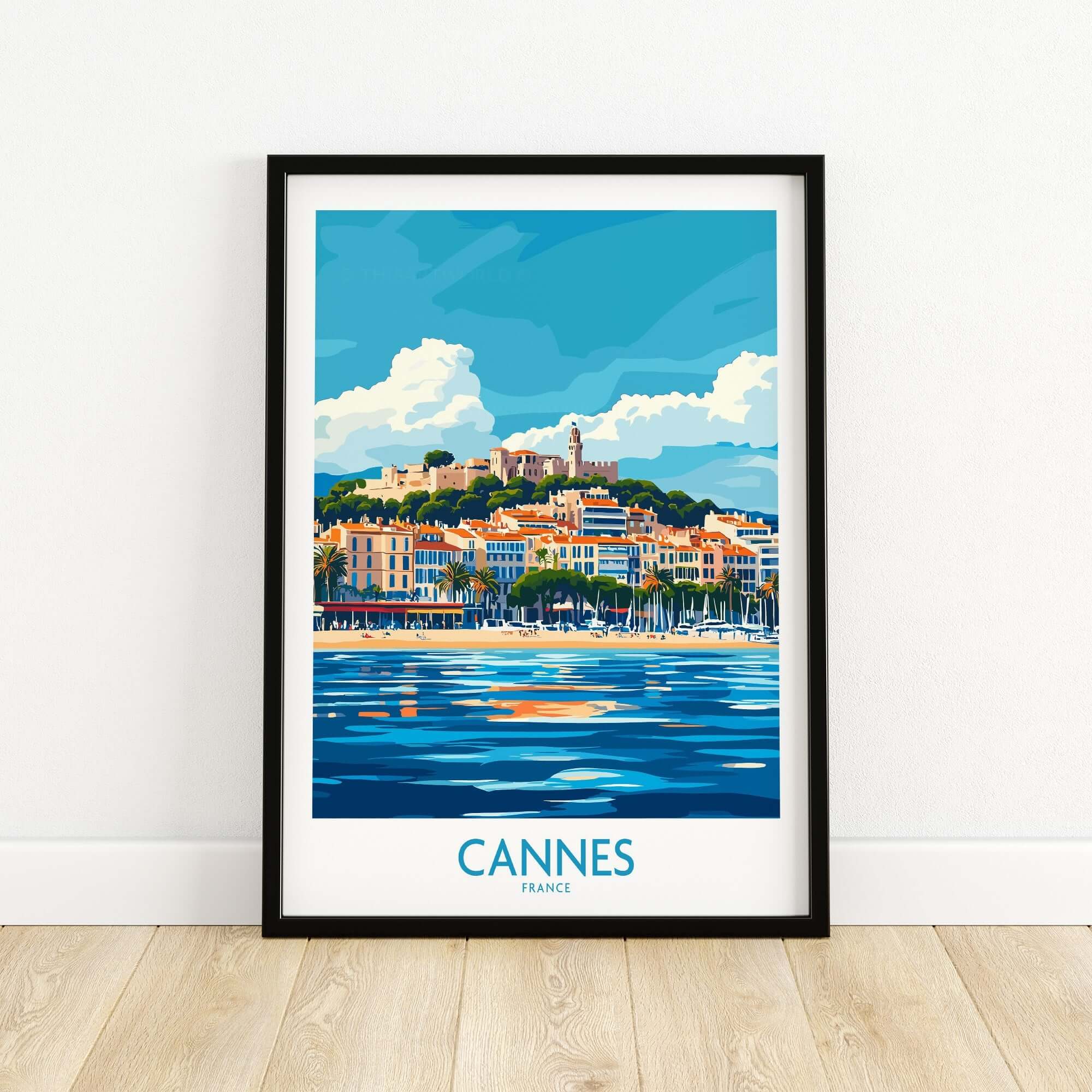 Cannes Poster featuring vibrant colors of Cannes, France, with stunning coastal views and a stylish design.