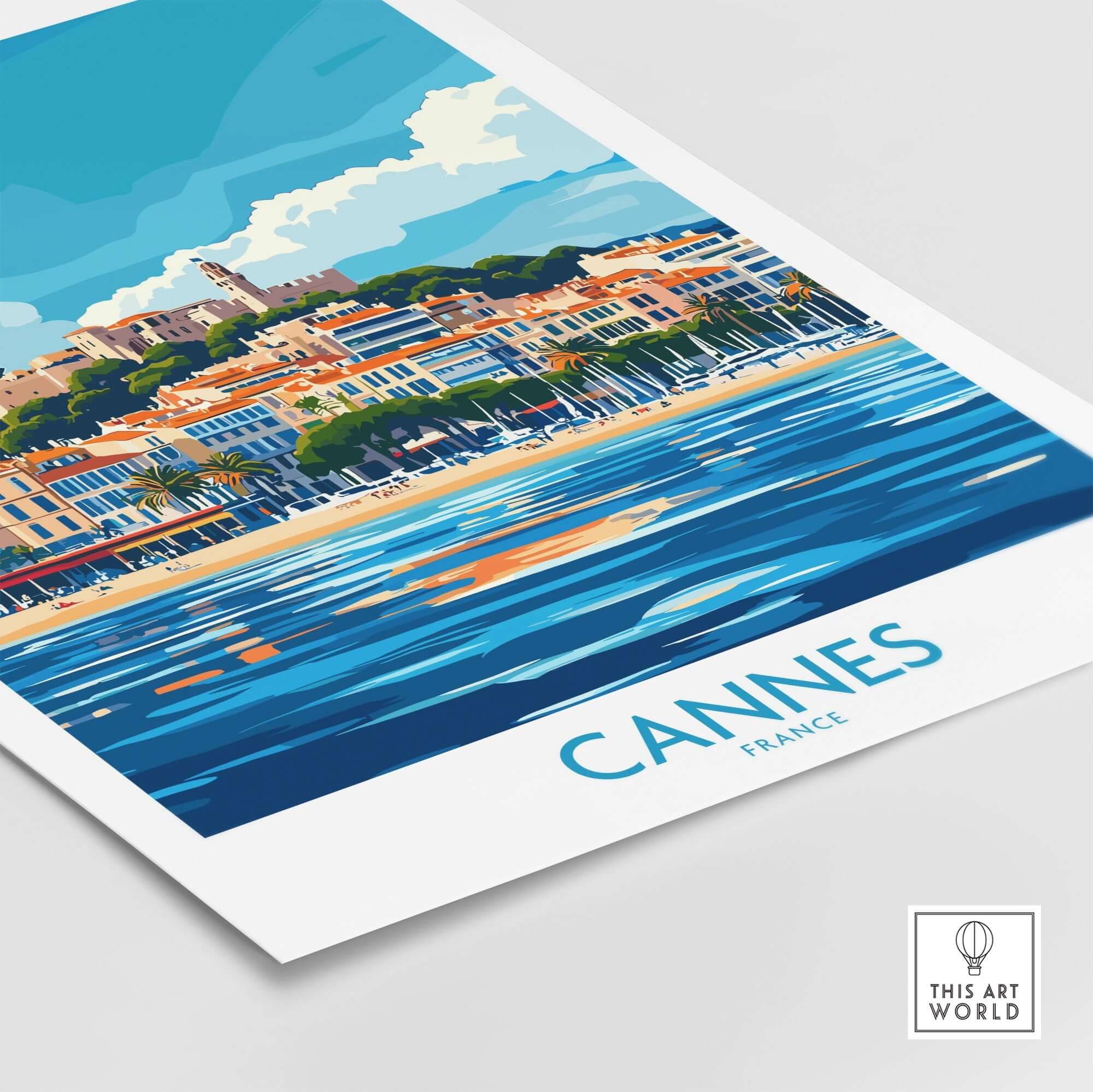 Cannes Poster featuring vibrant colors and design showcasing the beautiful landscape of Cannes, France.