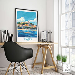 Cannes Poster displayed on a desk, featuring vibrant colors and a scenic view of Cannes. Ideal for home decor.