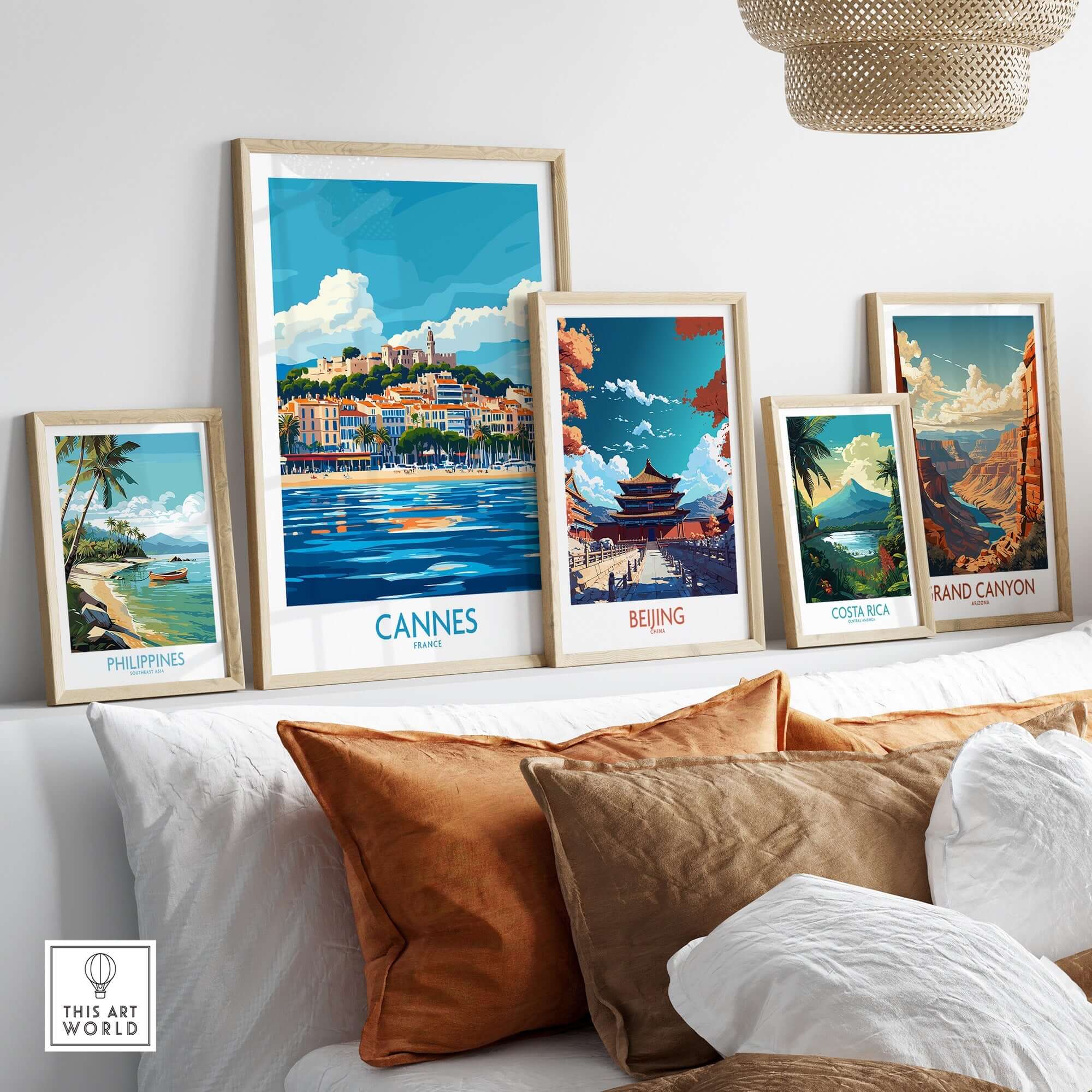 Cannes Poster among travel art prints showcasing vibrant designs and colors for home decor inspiration.