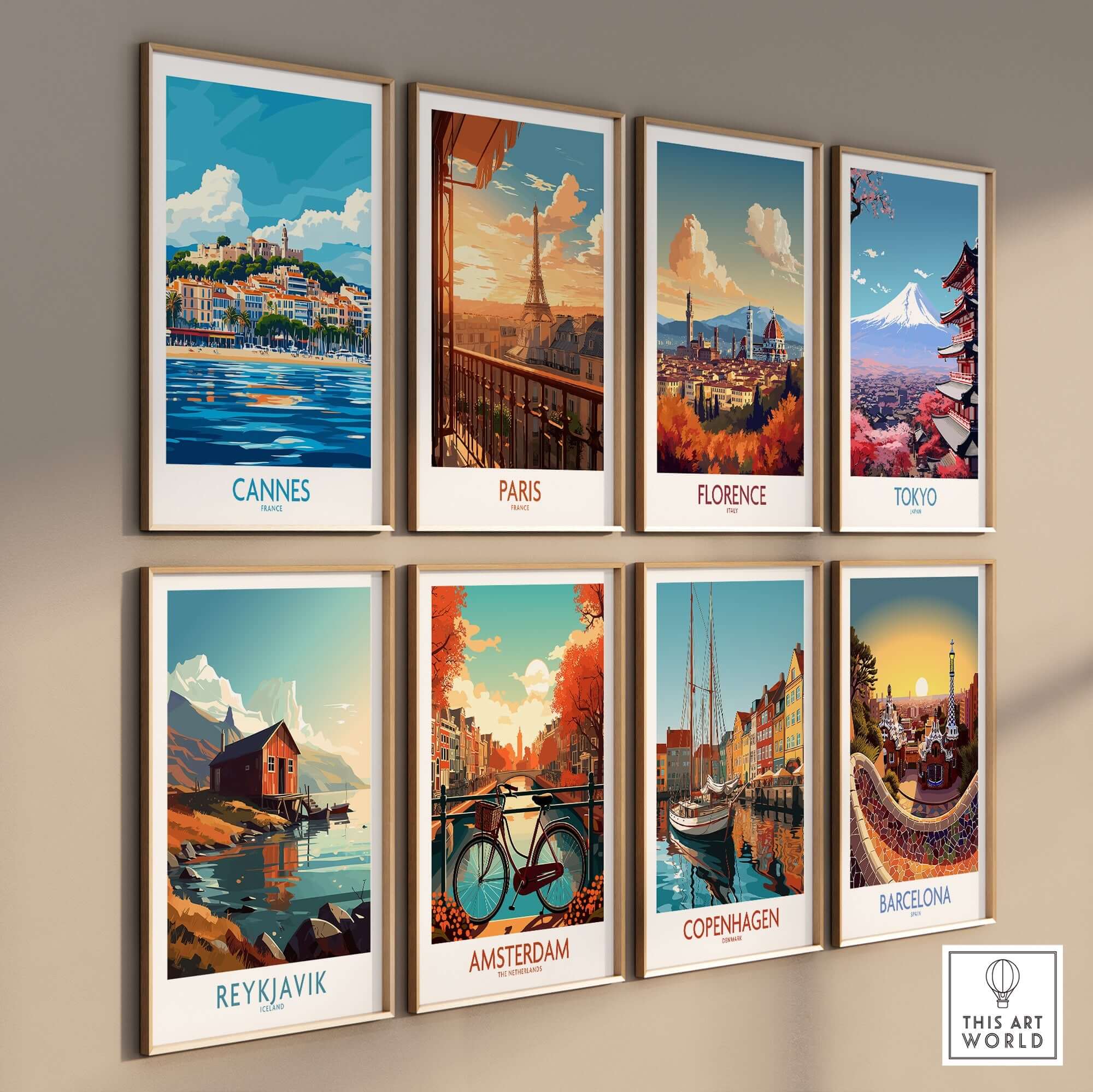 Cannes Poster collection featuring beautiful travel prints of Paris, Florence, Tokyo, and more in vibrant colors.