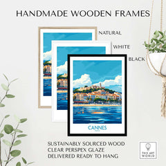 Cannes Poster displayed in handmade wooden frames in natural, white, and black finishes.