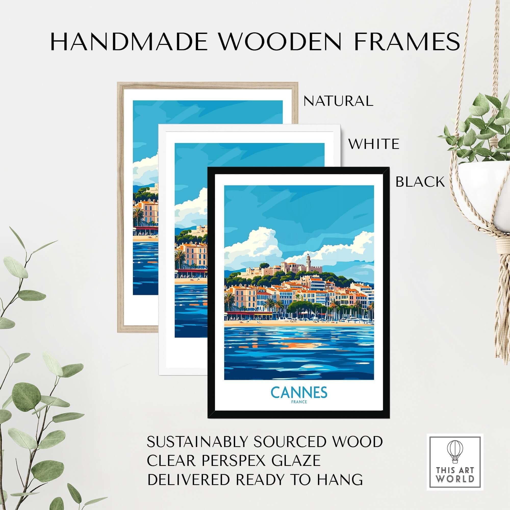 Cannes Poster displayed in handmade wooden frames in natural, white, and black finishes.