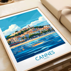 Cannes Poster featuring vibrant artwork of Cannes, France with coastal scenery and elegant design.