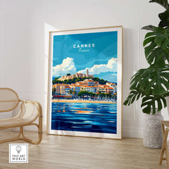 Cannes Print showcasing a vibrant illustration of Cannes, France with coastal scenery and colorful buildings.