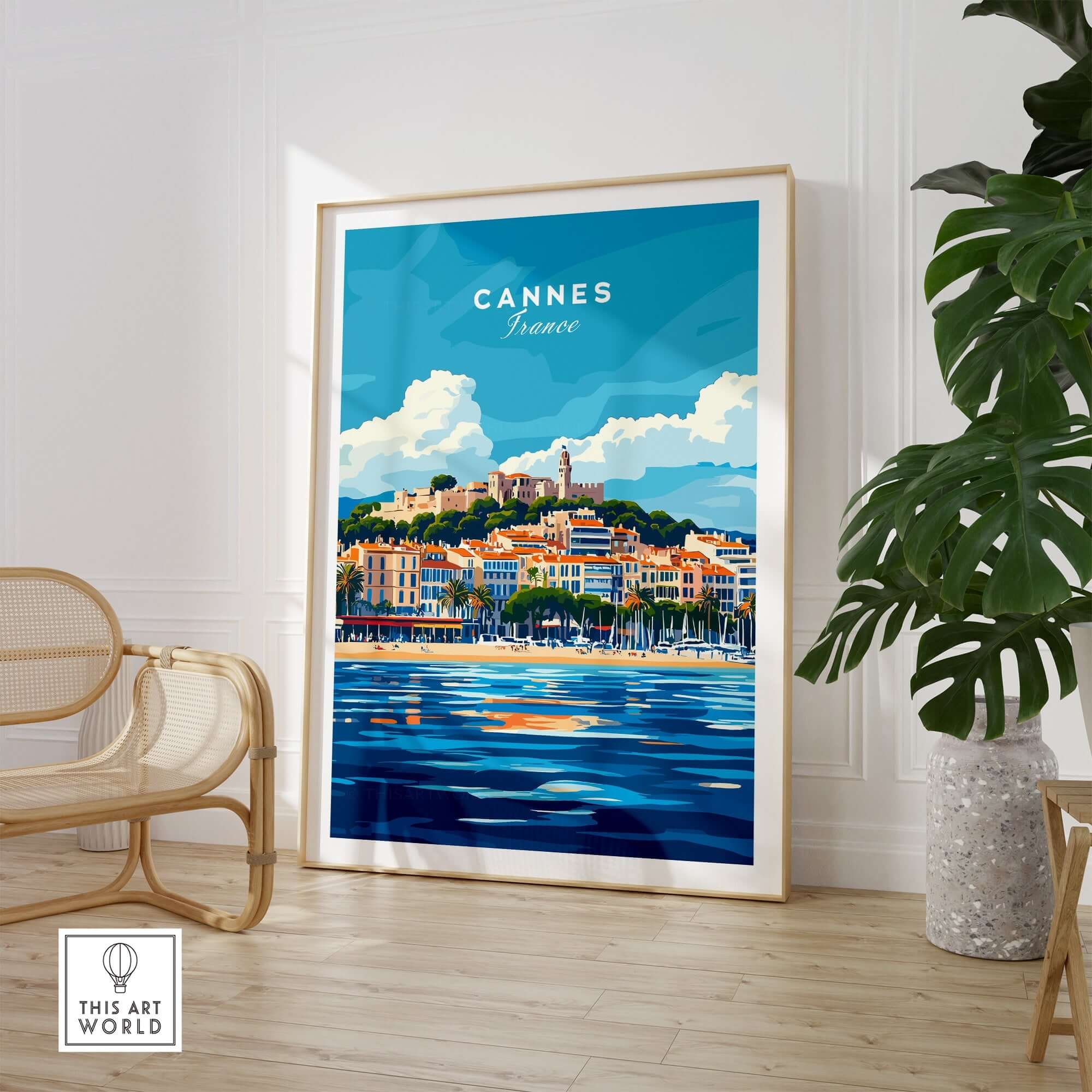 Cannes Print showcasing a vibrant illustration of Cannes, France with coastal scenery and colorful buildings.