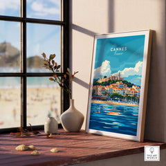 Cannes Print featuring vibrant colors and iconic cityscape of Cannes, France displayed in a stylish interior setting.