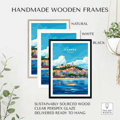 Cannes Print displayed in handmade wooden frames, showcasing vibrant colors and elegance of Cannes, France.