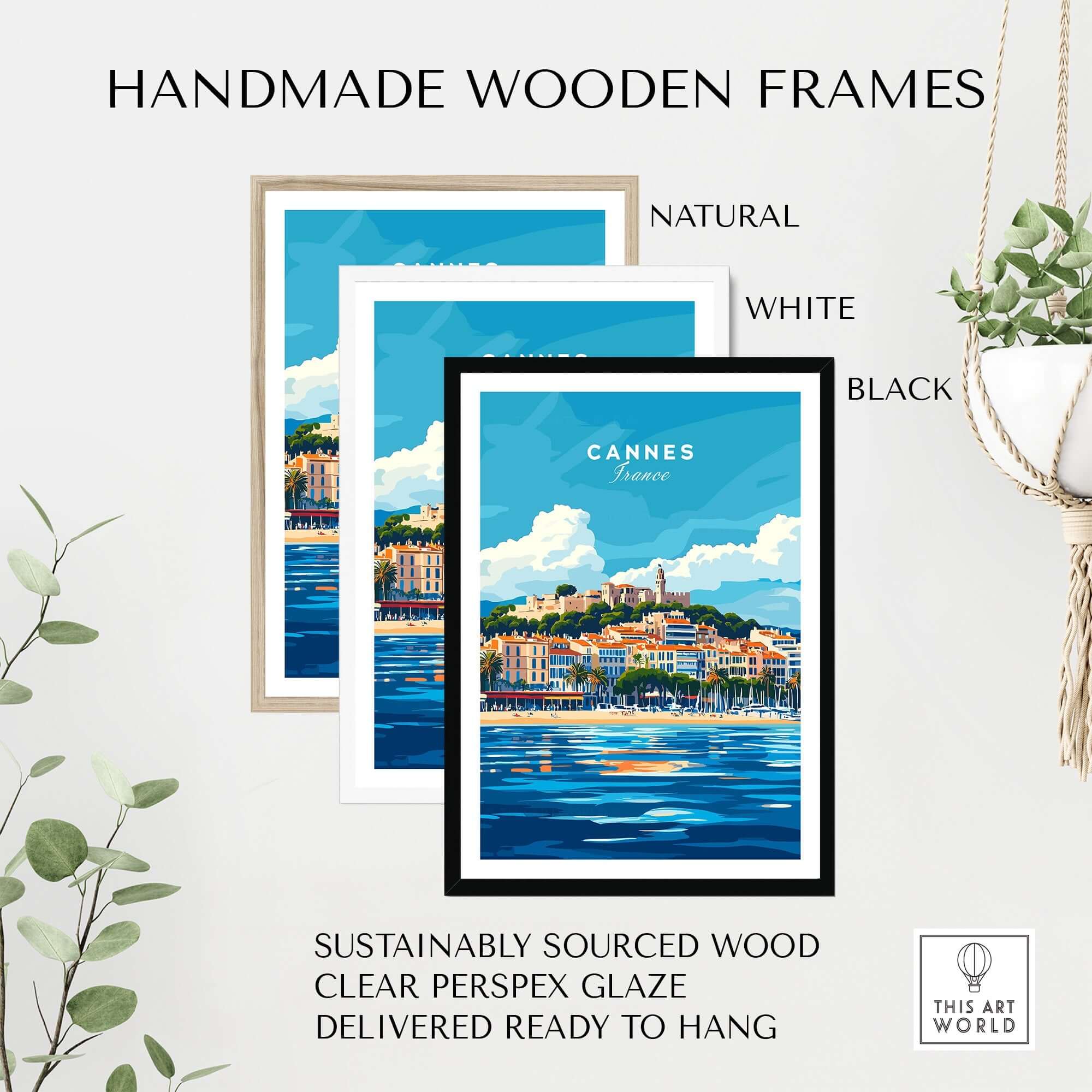 Cannes Print displayed in handmade wooden frames, showcasing vibrant colors and elegance of Cannes, France.