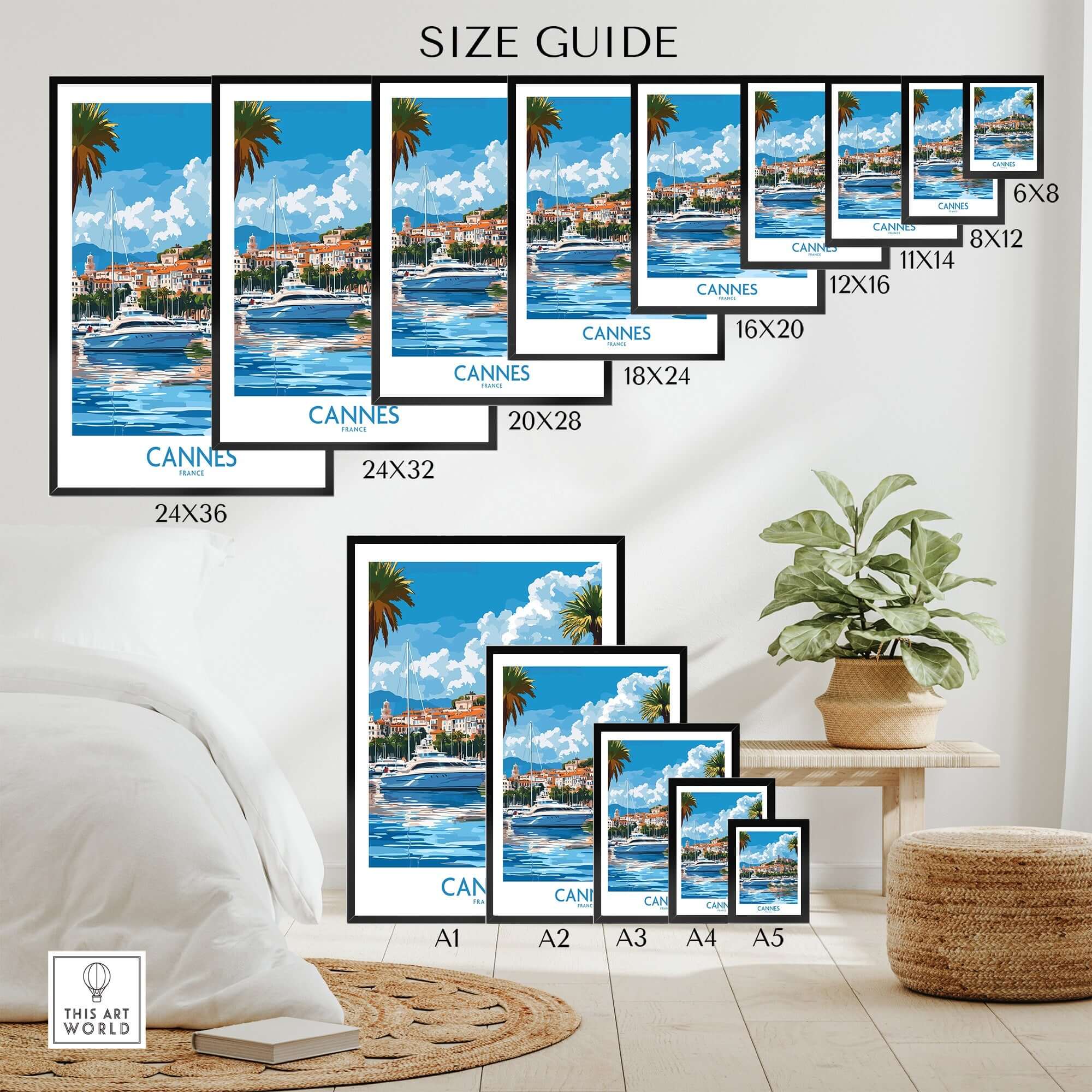 Cannes Travel Poster size guide showcasing various frame sizes and designs for the beautiful Cannes scene.
