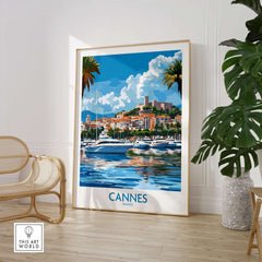 Cannes Travel Poster featuring scenic views of Cannes, France, with boats and palm trees in a vibrant art style.