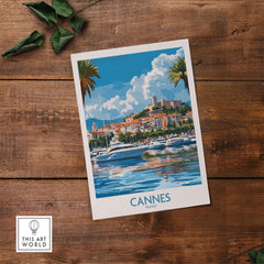 Cannes Travel Poster showcasing the beautiful scenery of Cannes, France with boats on the water and palm trees.