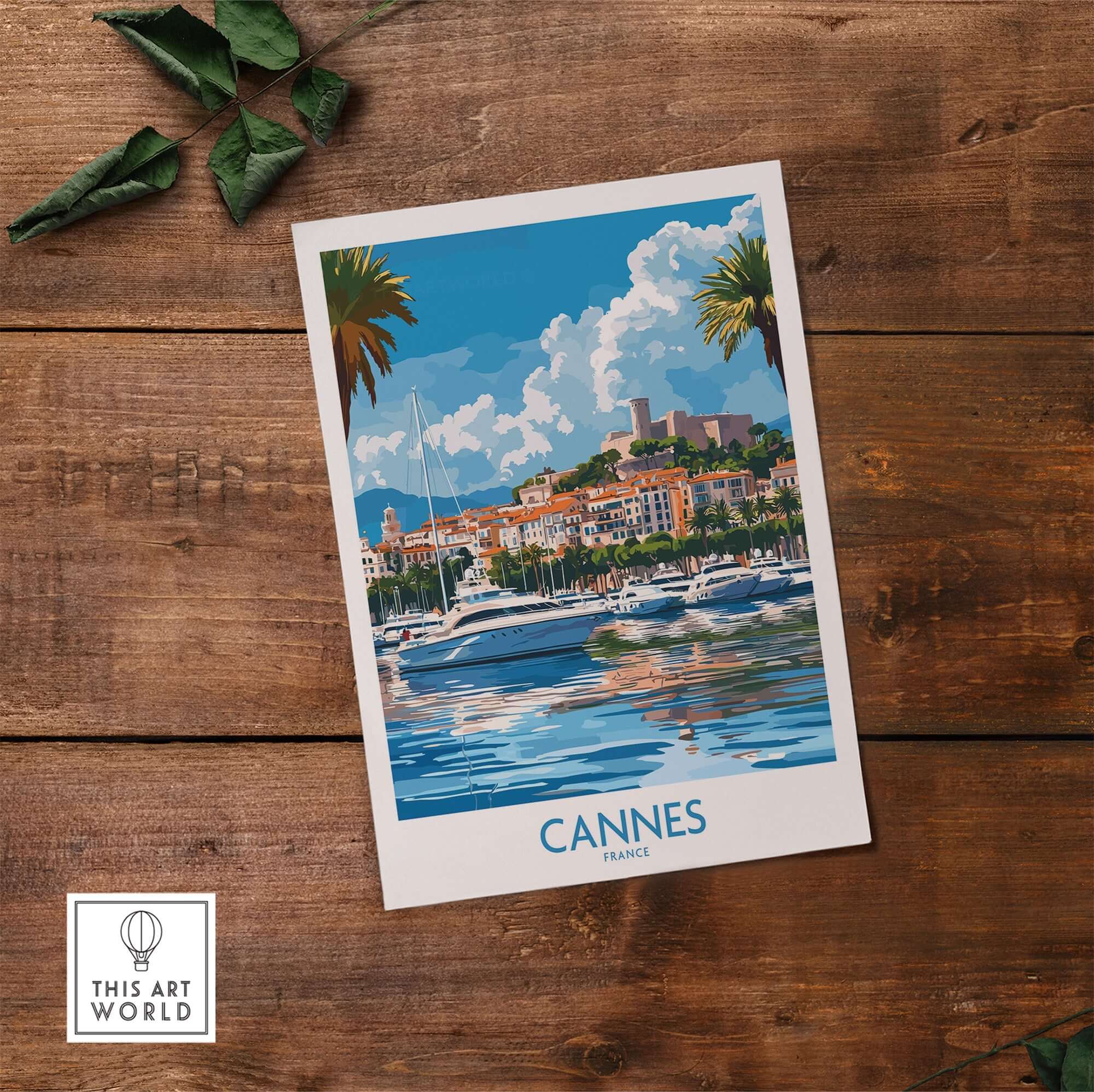 Cannes Travel Poster showcasing the beautiful scenery of Cannes, France with boats on the water and palm trees.