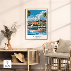 Cannes Travel Poster featuring scenic views of Cannes, French Riviera, in a stylish interior setting.