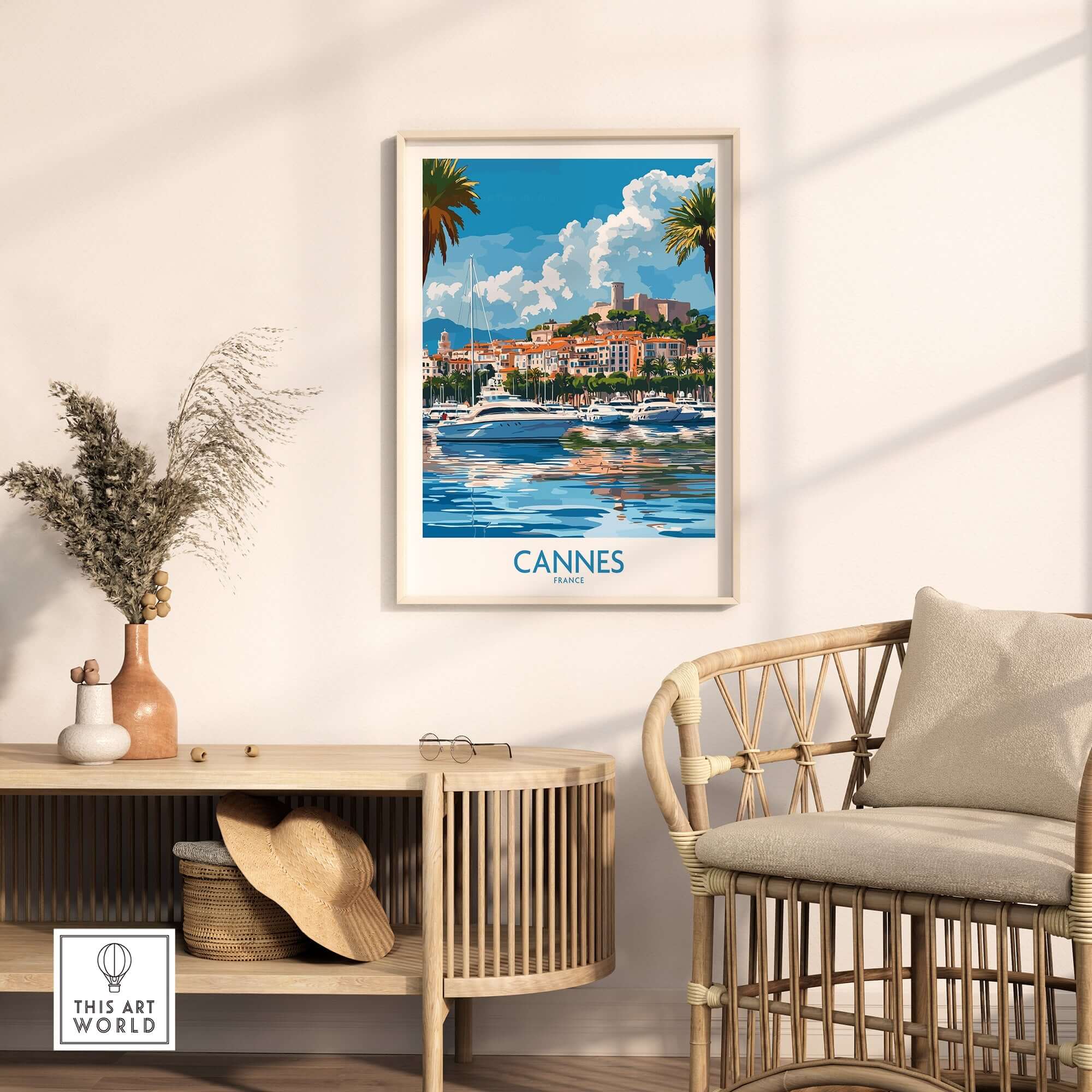 Cannes Travel Poster featuring scenic views of Cannes, French Riviera, in a stylish interior setting.
