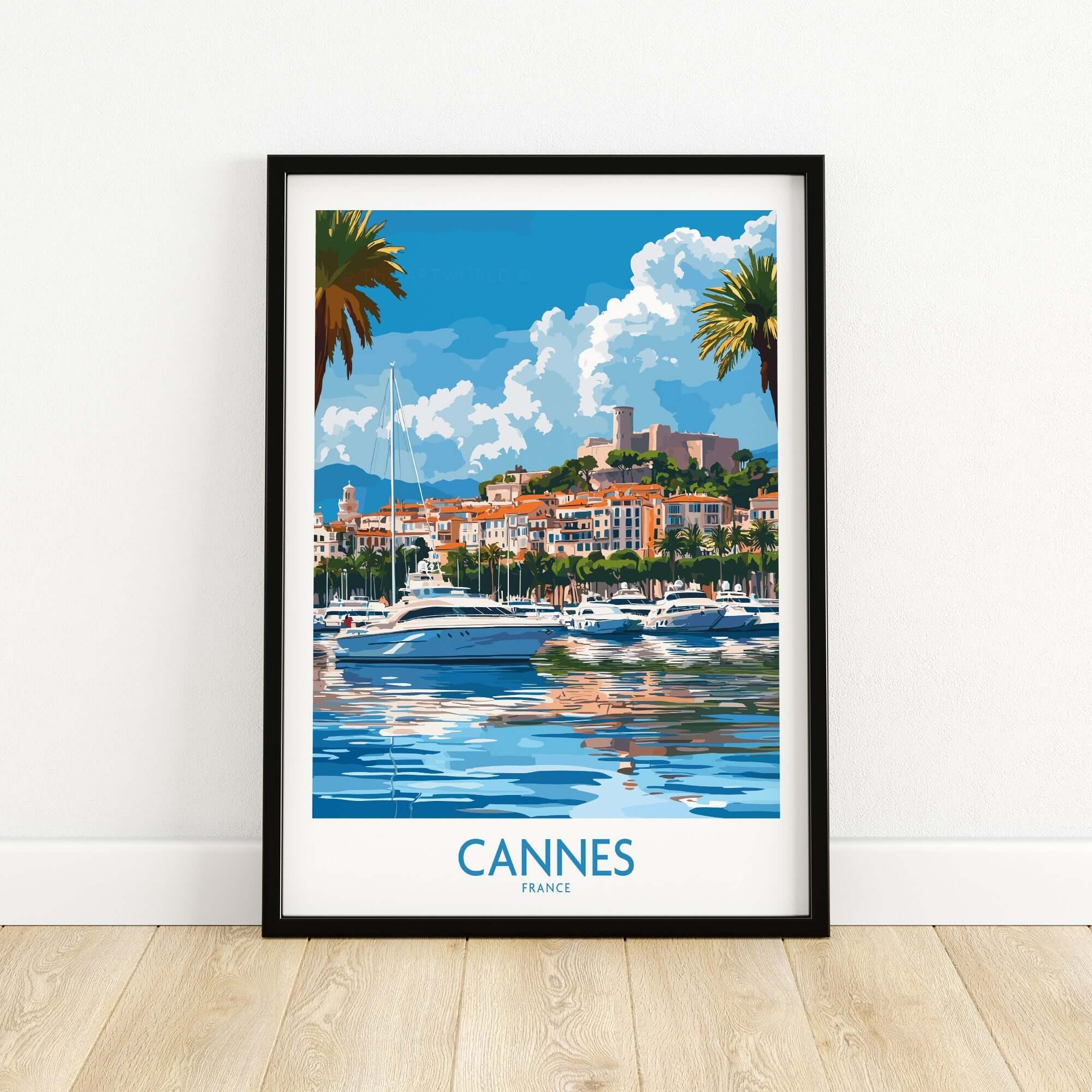 Cannes Travel Poster showcasing a vibrant coastal scene with boats and palm trees in Cannes, France.