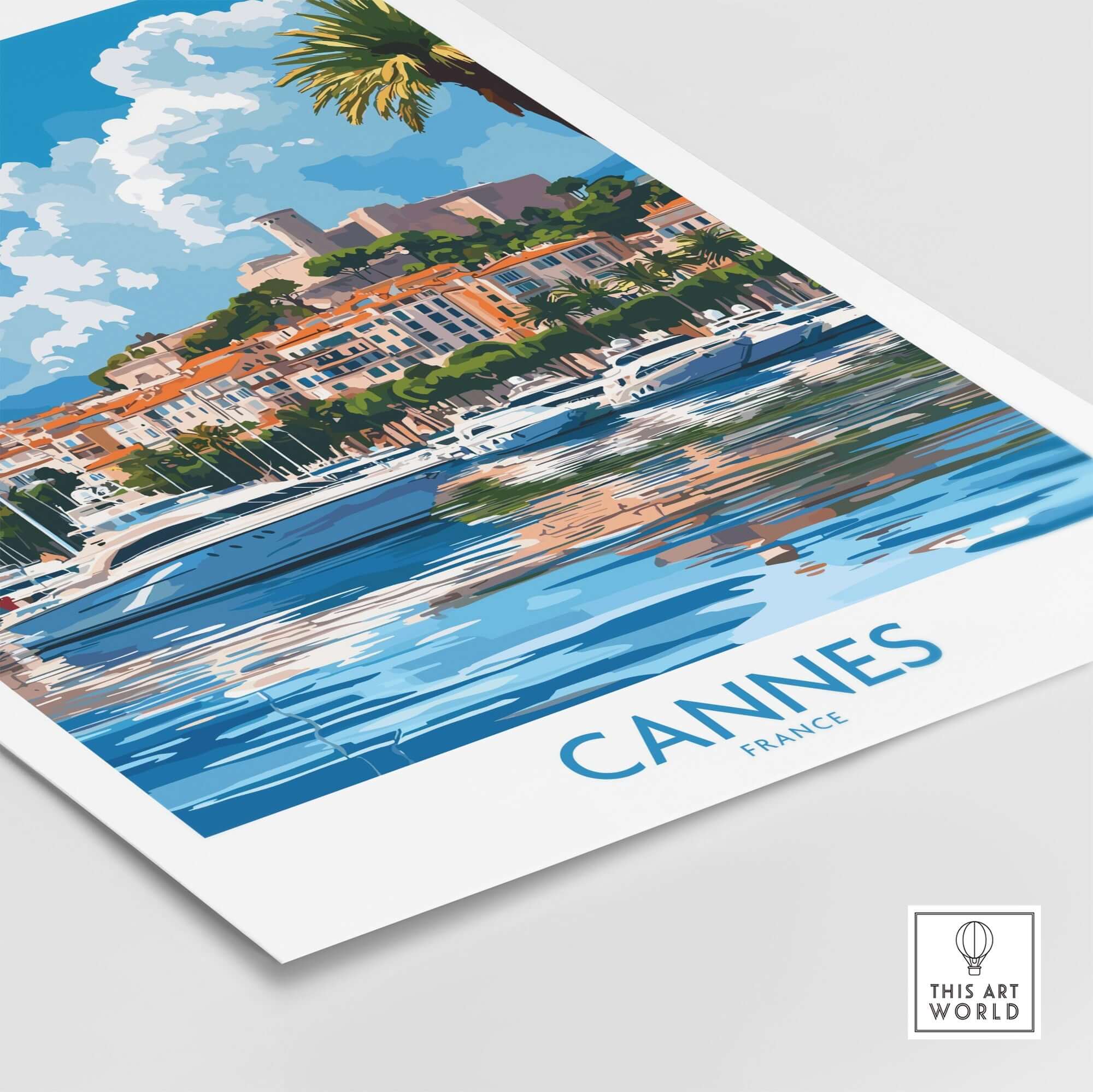 Cannes Travel Poster featuring boats and buildings reflecting in water, showcasing the beauty of Cannes, France.