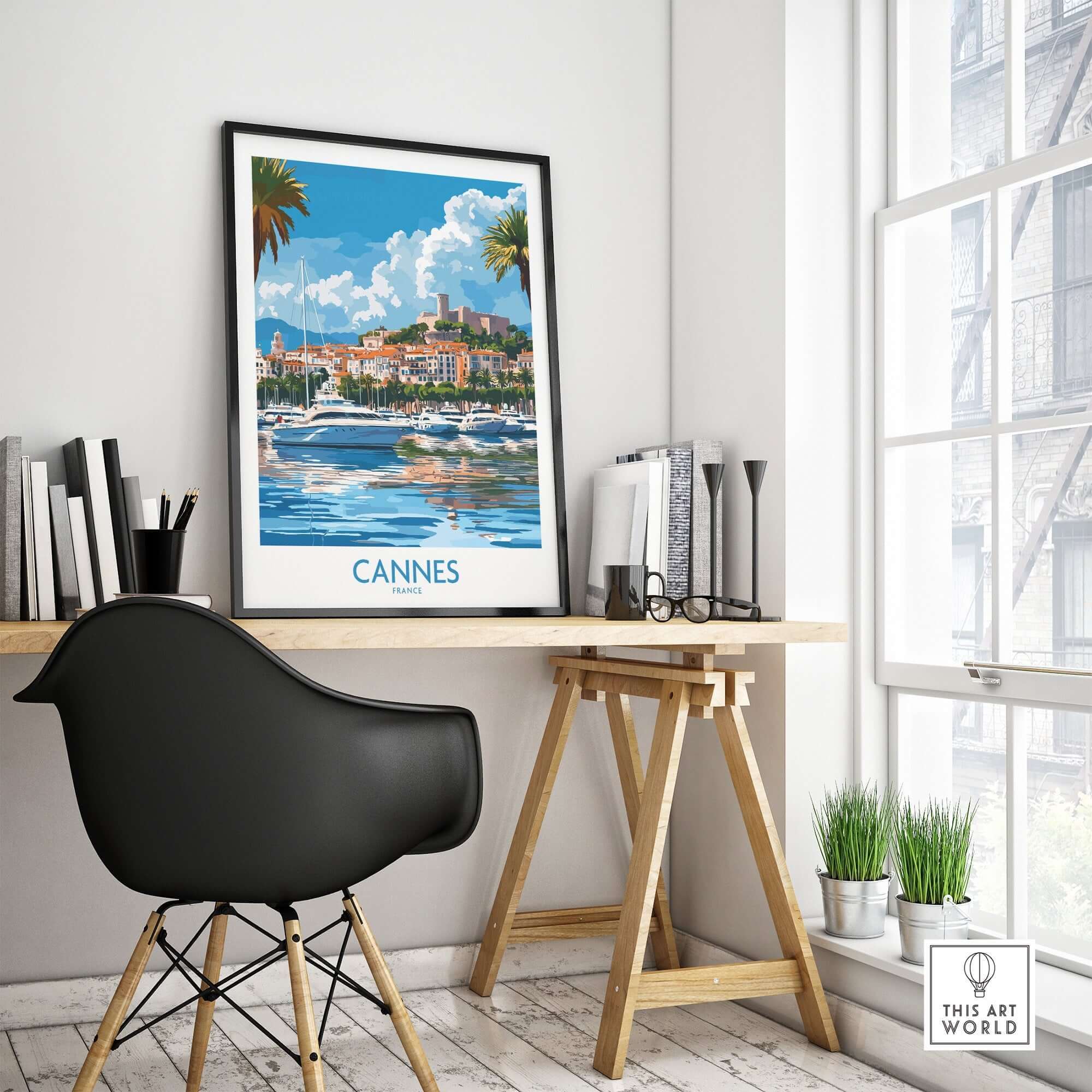 Cannes Travel Poster showcasing the stunning French Riviera view in a modern workspace.
