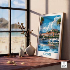 Cannes Travel Poster showcasing the vibrant French Riviera with stunning coastal views and iconic landmarks.