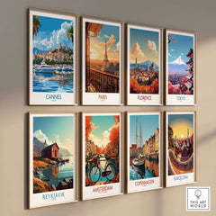 Cannes Travel Poster showcasing iconic landmarks and scenic views of Cannes and other popular travel destinations.