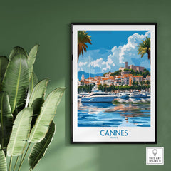 Cannes Travel Poster showcasing scenic views and landmarks of Cannes, France with yachts and palm trees.
