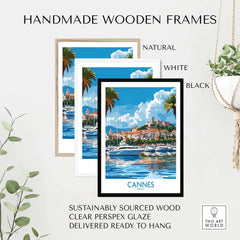 Three handmade wooden frames in natural, white, and black, showcasing a Cannes Travel Poster.