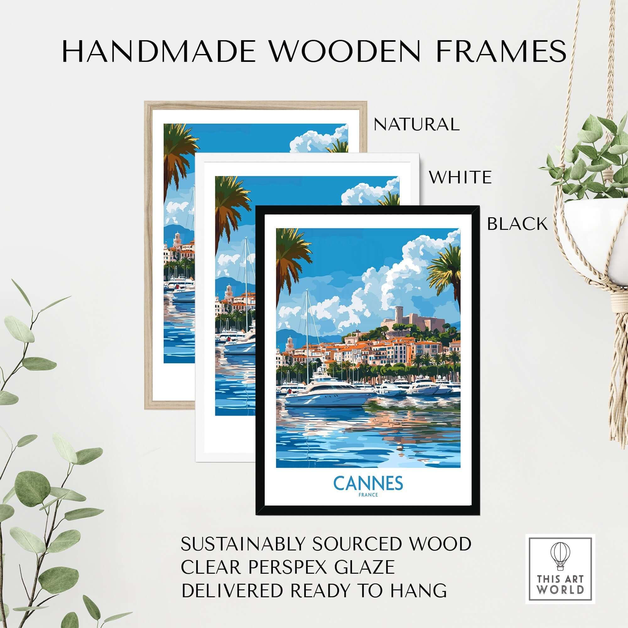 Three handmade wooden frames in natural, white, and black, showcasing a Cannes Travel Poster.