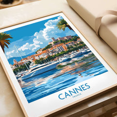 Cannes Travel Poster showcasing the scenic beauty of Cannes, France with boats and palm trees.