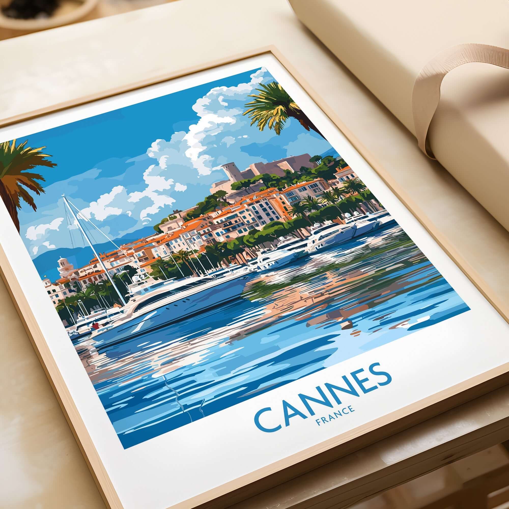 Cannes Travel Poster showcasing the scenic beauty of Cannes, France with boats and palm trees.