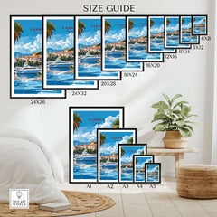 Cannes Travel Print size guide showcasing various frame sizes for displaying the vibrant Cannes artwork.