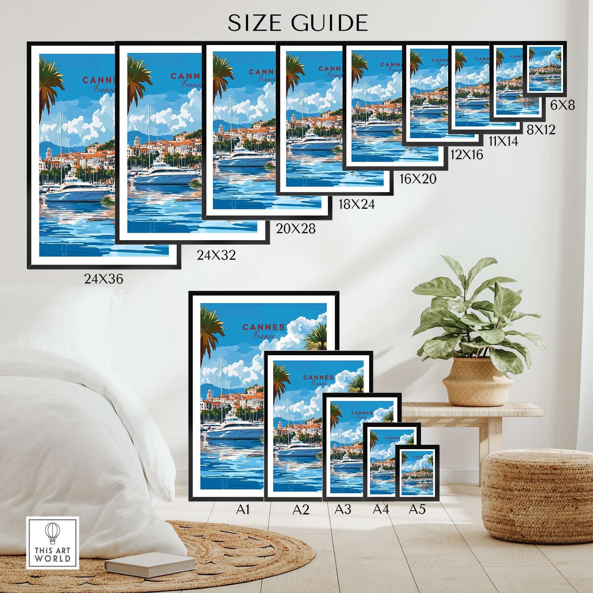 Cannes Travel Print size guide showcasing various frame sizes for displaying the vibrant Cannes artwork.